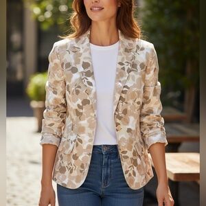 Eddie Bauer 15 Jacket Tan Beige Floral Neutral Long Sleeve Blazer 100% Cotton